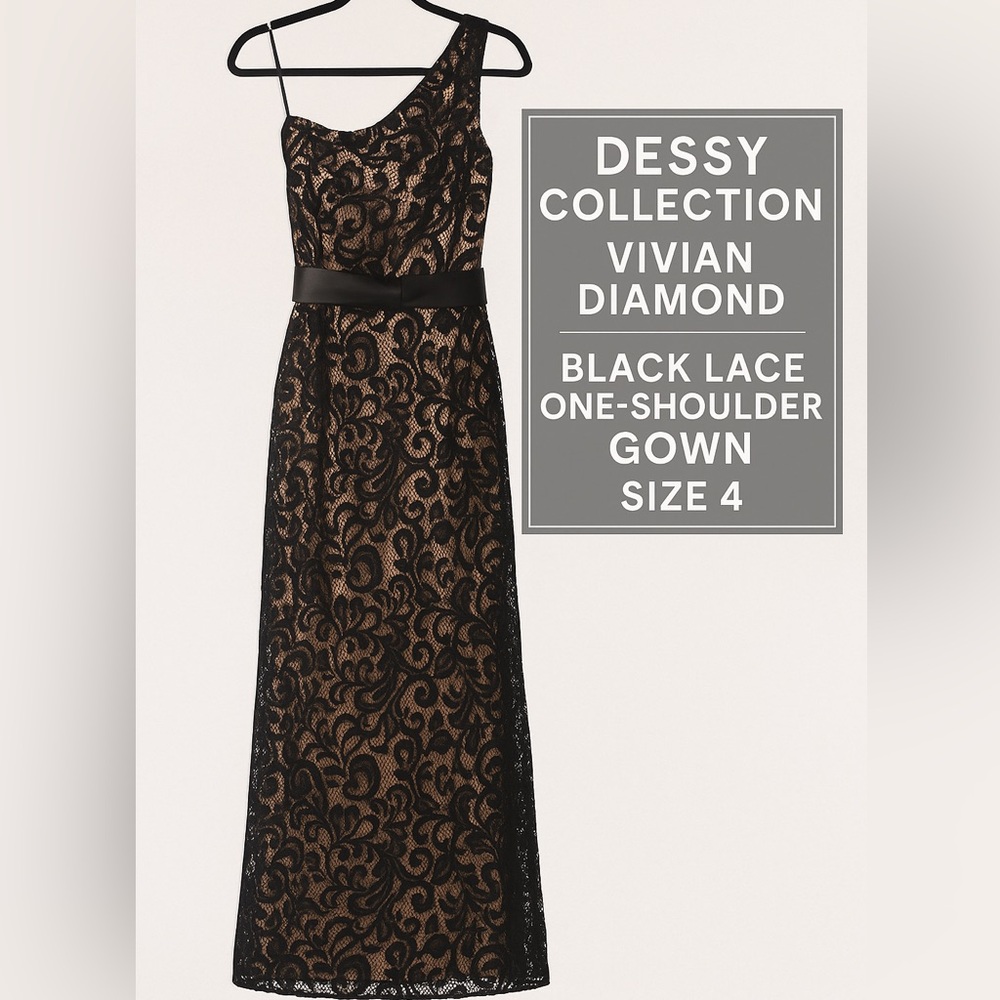 Dessy Collection Vivian Diamond Black Lace One-Shoulder Gown Size 4 Formal Dress